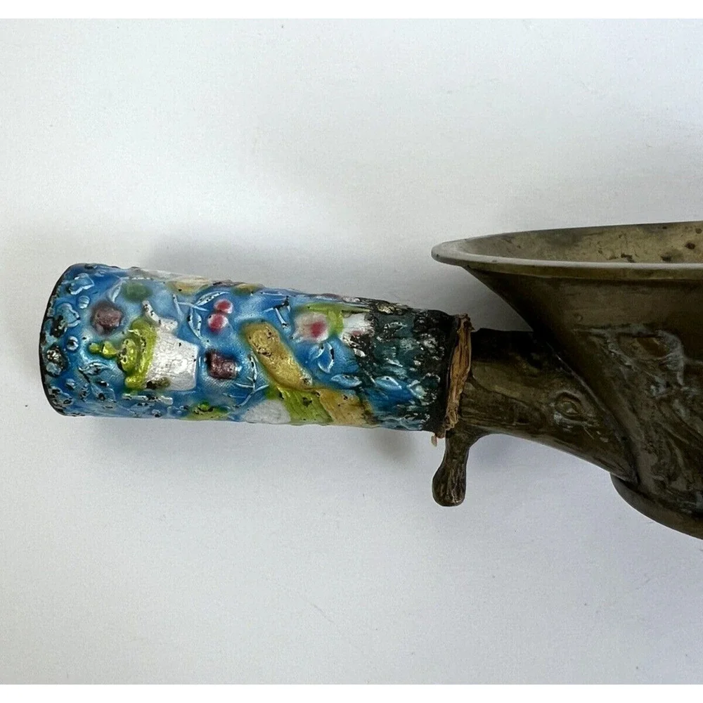 Vintage Chinese Brass & Cloisonne Silk Iron Aged Asian Home Decor Scoop Ethnic